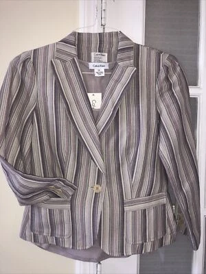 复古 Calvin Klein 开衫夹克和背心条纹尺寸 4 亚麻混纺修身全新带标签 — 第 1/4 张图片