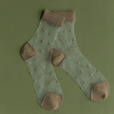 Medias cortas de tobillo brillo sedoso a lunares transparentes de encaje de malla de seda para mujer□ Foto 1 de 4