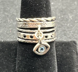 Vintage Sterling Silver Ring Topaz Evil Eye Hanging Charm Sz 9 Wide Band Signed - Picture 1 of 18