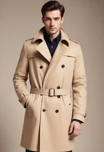 Men's Beige Trench Coat Slim fit Solid Designer Belted 8 Button Winter Long Coat - Picture 1 of 6