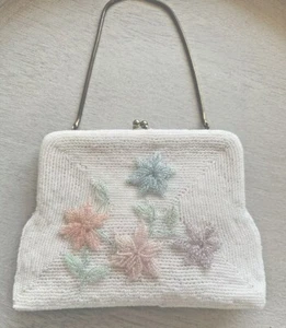 Clutch White Beaded Flowers Bridal Handmade Clasp Purse Chain Mister Ernest VTG - Picture 1 of 21