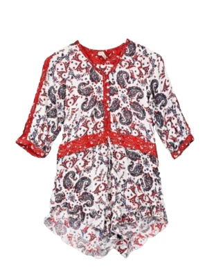 Mameluco Raga Anthropologie estampado cachemir XS marfil multi cordón manga 3/4 Foto 1 de 4