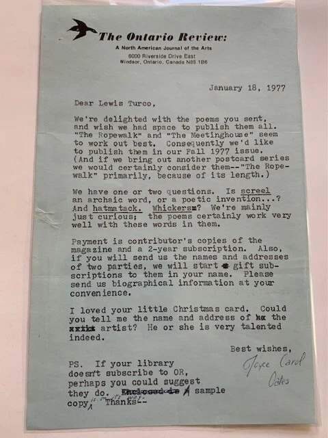 TYPED SIGNED LETTER FROM JOYCE CAROL OATES - Image 1 of 1