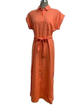 NWT Calvin Klein Elegant Linen MELON Short Sleeve Midi Shirt Dress Belt size 6 - Image 1 of 4
