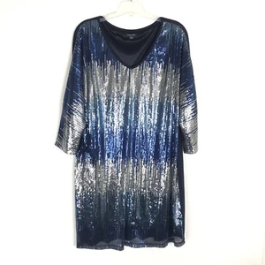 Timeless by Naeem Khan $250 Blue & Silver 3/4 Sleeve Sequin Embellished Dress 2X - Picture 1 of 7
