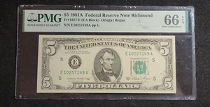FR. 1977-E 1981-A $5 FRN FEDERAL RESERVE NOTE RICHMOND PMG GEM UNC-66PPQ - Picture 1 of 2