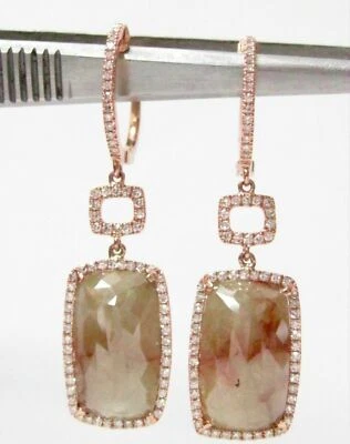 Pendientes colgantes/colgantes de diamantes marrones crudos/rústicos de oro rosa de 14 k con forma radiante de 9,98 quilates Foto 1 de 4