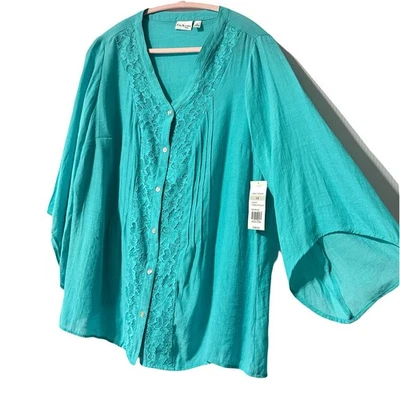 Blusa Kim Rogers Mujer Turquesa Manga 3/4 Botón Frontal Encaje Talla 1X Nueva con Etiquetas Foto 1 de 4