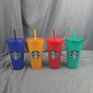 Starbucks 24oz Reusable Cold Cups Set of 4 Color Changing Cups W/ Lids & Straws - Picture 1 of 5