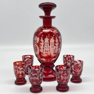 Egermann Bohemian Crystal Flashed Ruby Cut To Clear Decanter and 6 Shot Glasses - Picture 1 of 13