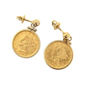 Liberty Head 1903 $2.5 Gold Coin Earrings In 14K Yellow Gold Uncirculated - Picture 1 of 10