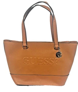 GUESS tote Logo CogNac or White Faux Leather LG Tote 2 Strap Bag w/ Charm EUC. - Picture 1 of 9