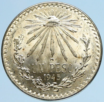 Moneda de 1 peso de plata antigua mexicana gorra libertad águila grande 1945 Mo MÉXICO i97967 Foto 1 de 3