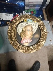 Vintage Chalkware Girl Lady Wearing a Flower Bonnet Wall Plaque - Picture 1 of 4