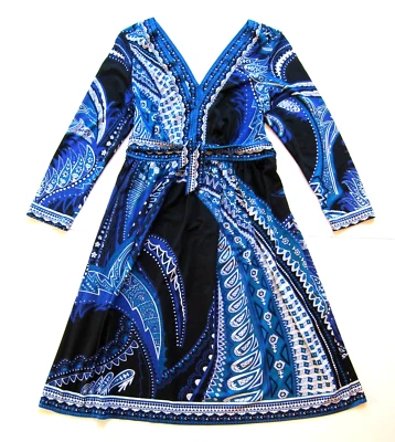 Vestido elástico mediano eci New York azul negro blanco cachemira cuello en V manga 3/4 Foto 1 de 4