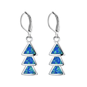 Fashion Silver Blue Triangle Simulated Opal Charm Drop Dangle Earring Jewelry 