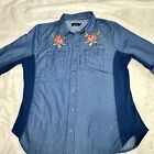 Cavalini Women Denim Collection Shirt Embroider Flowers 3/4 Sleeve Blue Denim Lg