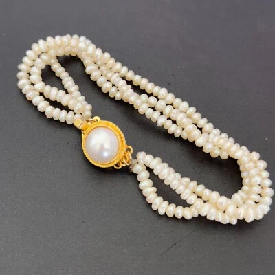 Vintage Ladies Genuine Real Freshwater Pearl Beaded Triple Strand Bracelet 8" - Image 1 of 4