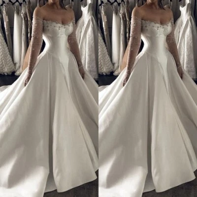 Elegant Wedding Dresses Off Shoulder Rhinestone Beaded Satin A Line Bridal Gowns - Image 1 of 4