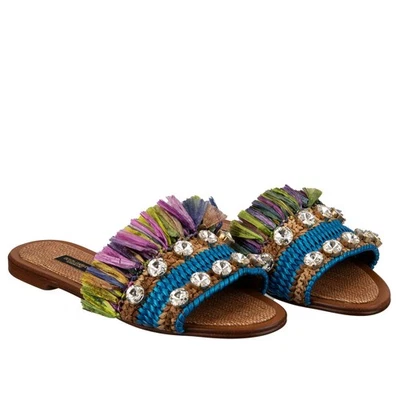 DOLCE & GABBANA Crystal Raffia Woven Sandals BIANCA Beige Blue Purple 37 US 7 - Image 1 of 4
