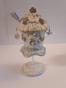 Tall Birdhouse Votive Holder Stoneware Bird Butterfly Fanciful 10” Tall - Picture 1 of 24