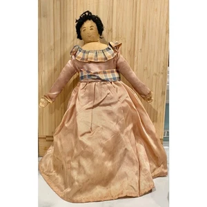 Antique Victorian 1850s Jointed Straw Stuffed Stitched Face Yarn Hair 14" Doll - Picture 1 of 11