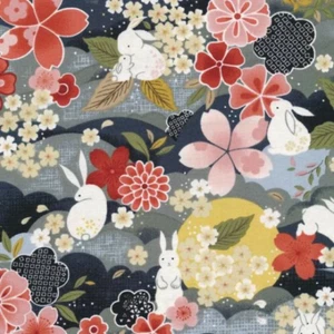 The Moon Rabbit Japanese Floral Night - Paintbrush Studio Cotton Fabric - Picture 1 of 1