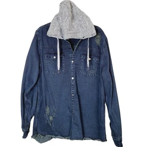 91 Cotton On Men's XXL Hooded Denim Jacket Distressed Shacket Dark Wash EUC - Picture 1 of 9
