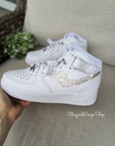 Bling Nike Air Force 1 07 Mid White Sneakers Shoes made with Swarovski Crystals