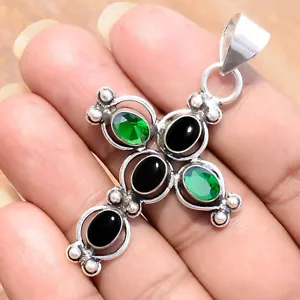 Black Onyx, Chrome Diopside Locket 925 Sterling Silver Cross Festival Jewelry - Picture 1 of 9