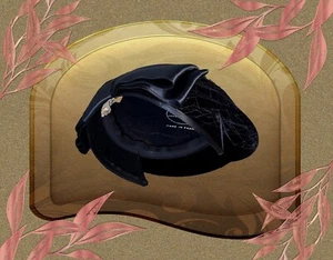 Vintage Womens Hat WWII Tilt Roberta Bernays Navy Net Satin Bow Adjustable Wings - Picture 1 of 12