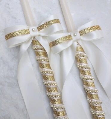 Greek Orthodox Wedding Candle Lambathes Set in Ivory Gold - Image 1 of 3