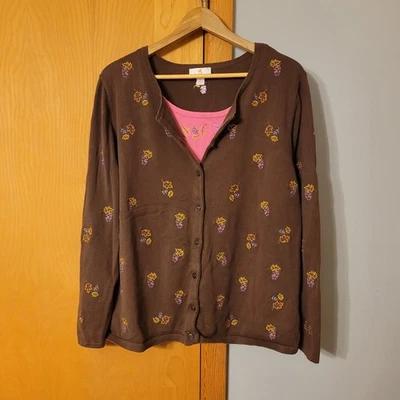 Quacker Factory Fall Embroidered Leaf Print Brown Button Up Cardigan Size XL - Image 1 of 4
