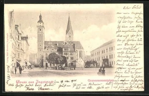Ingolstadt, Gouvernementplatz mit Kirche, Ansichtskarte 1900 - Bild 1 von 2