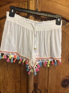 PilyQ Girls Water Lily Colorful Tassel Trim White Cotton Shorts Size Large - Picture 1 of 5