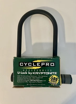 Kryptonite U-Lock w/2 Keys Black 4” x 8" Cyclepro Branded Vtg 1996 New Old Stock - Image 1 of 4