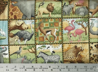 Elefante León Cebra Hipopótamo Rinoceronte Selva Cuadrados ~ Tela de Edredón 100% Algodón Por POR Foto 1 de 3