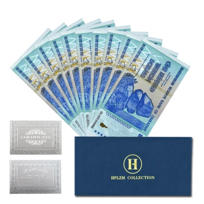 Zimbabwe One Hundred Trillion Dollars Silver Foil Banknotes 10pcs with Envelope - Image 1 of 4