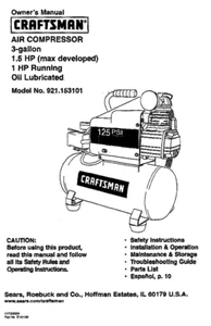 Craftsman AIR COMPRESSOR 921.153101 OWNERS MANUAL * MANUAL ONLY * - Picture 1 of 1