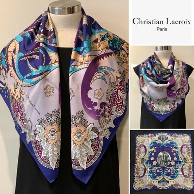 Christian Lacroix Sarga de Seda Mausoleo Floral Bufanda 84x84cm Dobladillo Handroll--Excelente Foto 1 de 4