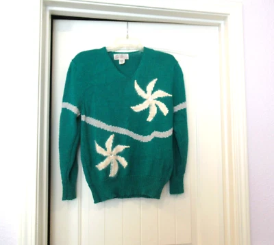 Eddie Dassin Suéter Verde con Flores Cuentas Blancas, c. Años 80 Foto 1 de 4