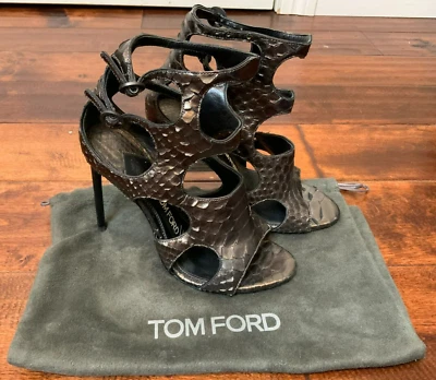Tom Ford Gray Leather Snakeskin Textured Strappy High Heels, Size 6.5 | 36.5 - Image 1 of 4
