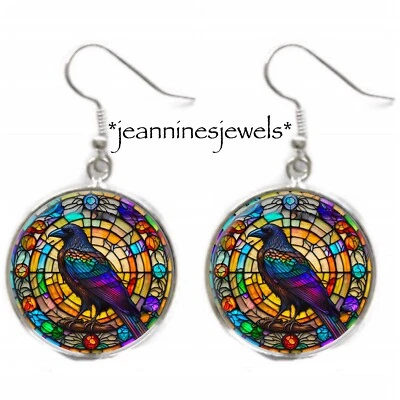 Серьги-вороны черная ворона птица искусственное витражное стекло художественная печать серебряная подвеска висячая - Изображение 1 из 4