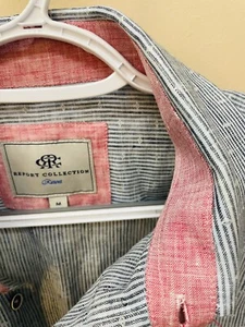 Report Collection Mens Blue Linen Strip Pink Undertones Mens M Button Front - Picture 1 of 4