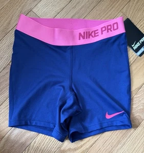 NWT Nike Pro Blue Compression Shorts With Pink Waist Girls Size Medium - Picture 1 of 2