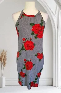 Rue 21 Black & White Striped Dress W/ Red Roses Size M Halter Bodycon - Picture 1 of 11