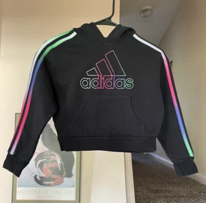 Adidas Girls Size 6 Pullover Hoodie Sweatshirt Black Rainbow Stripes Big Logo - Picture 1 of 5