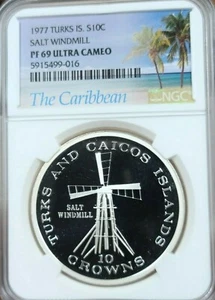 1977 TURKS & CAICOS SILVER 10 CROWNS SALT WINDMILL NGC PF 69 ULTRA CAMEO TOP POP - Picture 1 of 4