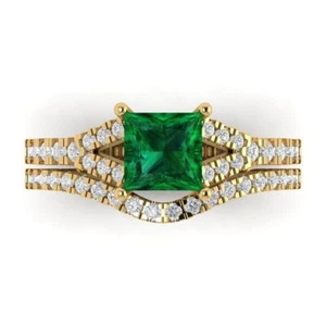 3.4 tcw Princess Cut Engagement Ring + Wedding Band, Lab Created Gem Yellow Gold - Picture 1 of 30