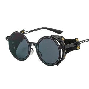 Herren Damen Sonnenbrille Vintage Steampunk Seitenschilde Leder Rund Retro Schirme - Bild 1 von 11